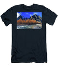 Italy Aosta Valley Courmayeur Val Ferret Alps the Dora Di Ferret Torrent and Autumn Larches in the Background the East Face of the Grandes Jorasses on the Left Mont Blanc Group Davide Carlo Cenadelli T-Shirt