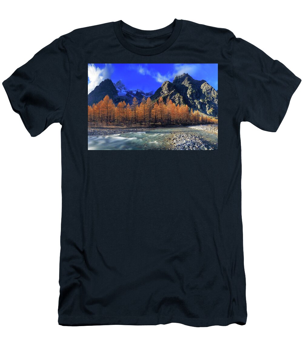Italy Aosta Valley Courmayeur Val Ferret Alps the Dora Di Ferret Torrent and Autumn Larches in the Background the East Face of the Grandes Jorasses on the Left Mont Blanc Group Davide Carlo Cenadelli T-Shirt