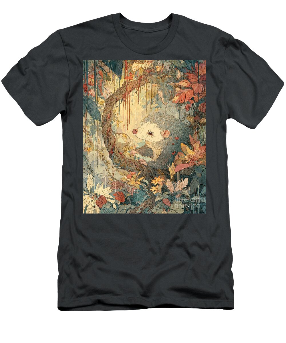 Jungle Hedgehog Hedgehog in a Lush Rainy Jungle Rainy Day Floral Forest Clint Mclaughlin T-Shirt