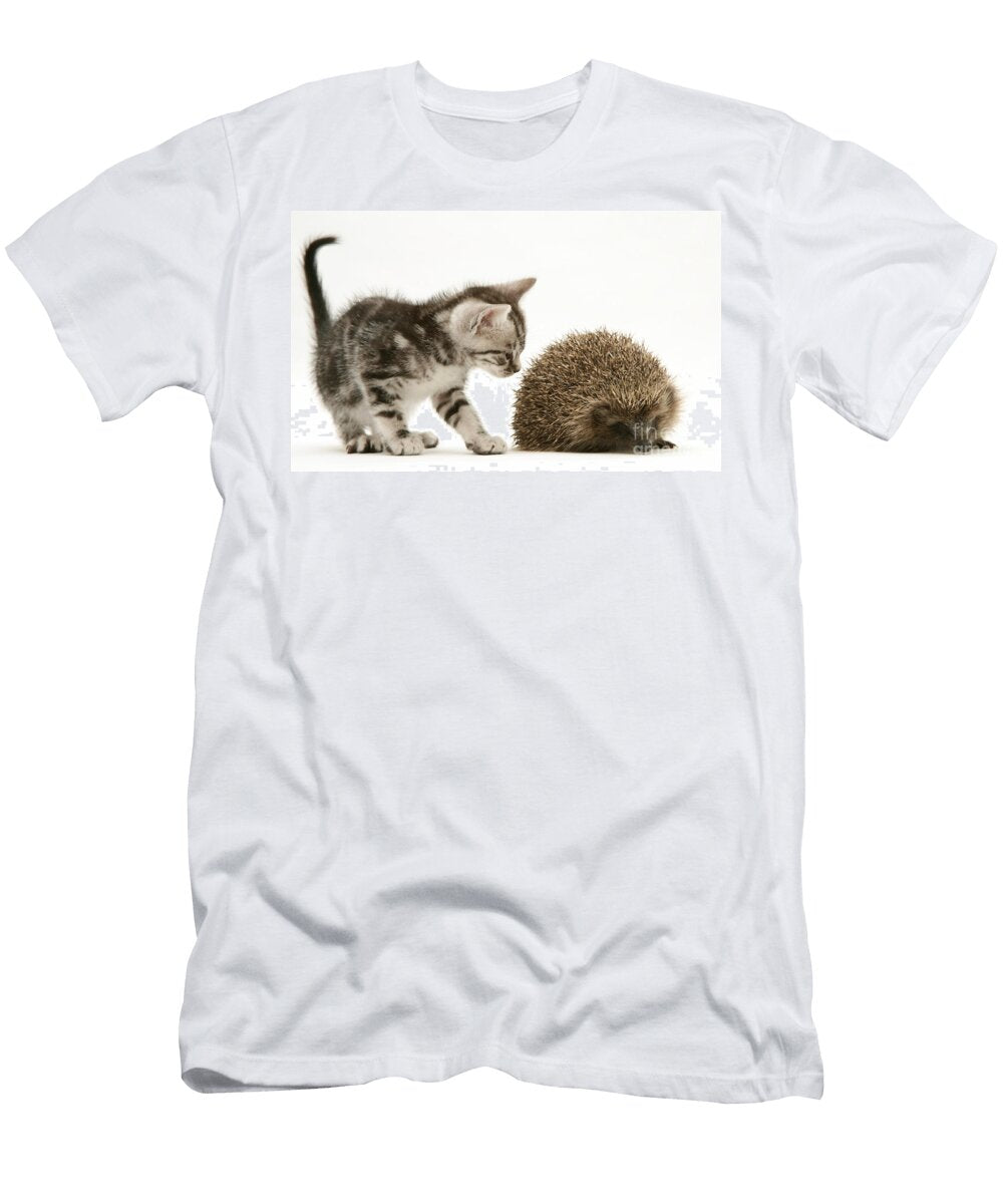 Kitten Inspecting Hedgehog Jane Burton T-Shirt