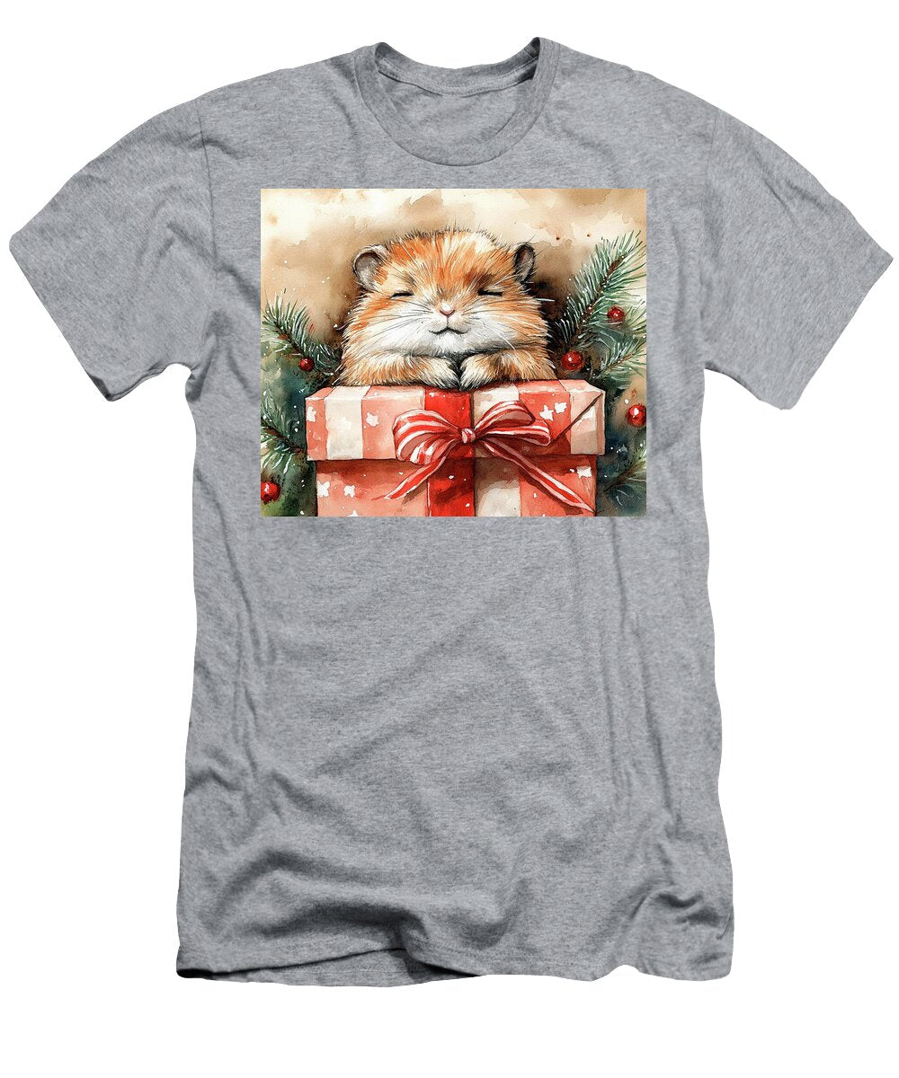 Lemming Cute Hamster in a Christmas Gift Box Watercolor Illustration Grover Mcclure T-Shirt