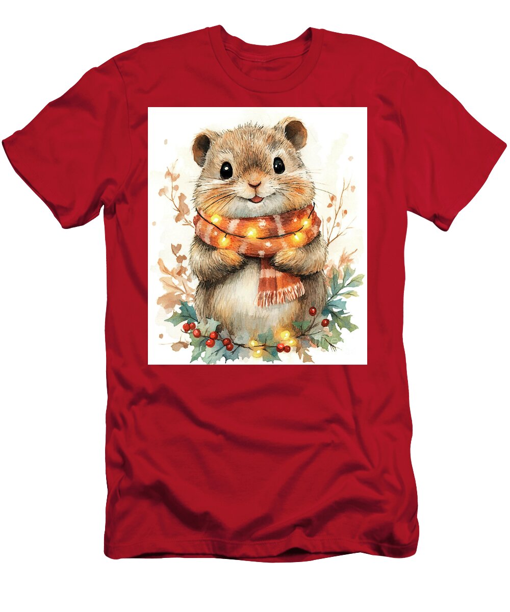 Lemming Cute Hamster Watercolor with Holiday Lights Clint Mclaughlin T-Shirt