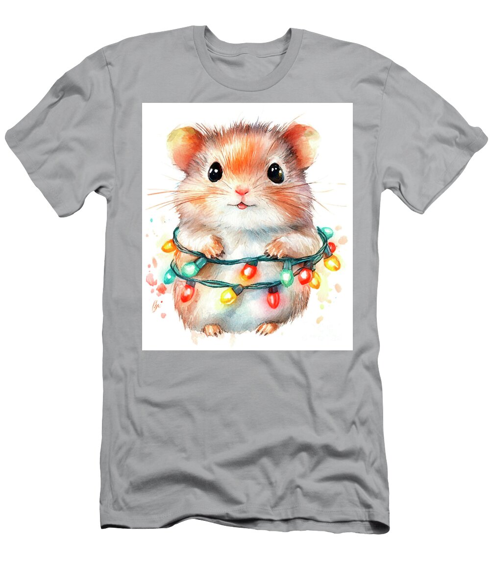 Lemming Cute Hamster with Christmas Lights Watercolor Clint Mclaughlin T-Shirt