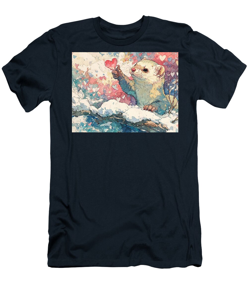Love and Care Winter Scene a Fluffy Stoat Animal Art Elmer Powers T-Shirt