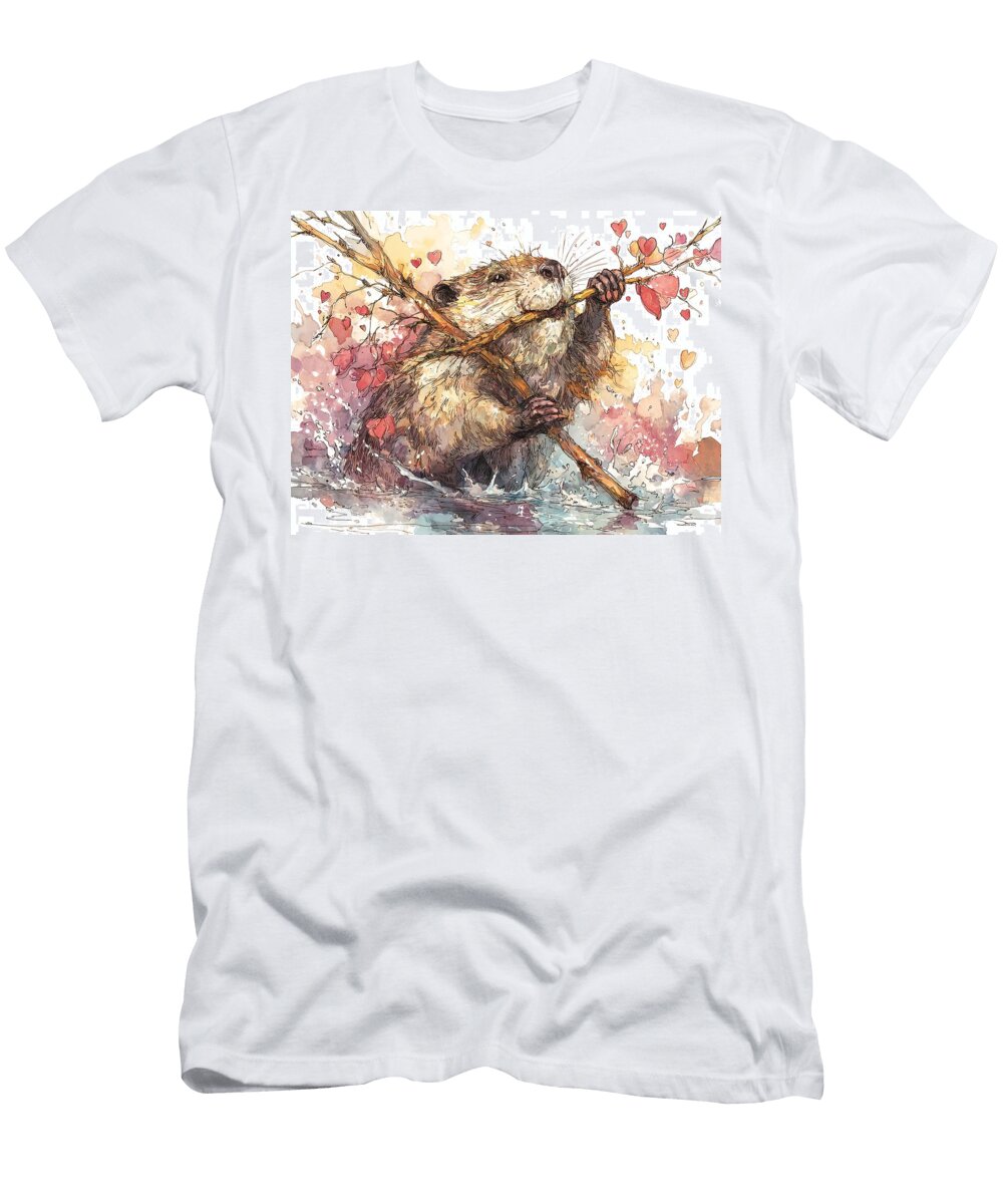 Love Animal Cute Beaver an Industrious American Beaver Hauling Branches Selectin Water Animal Elmer Powers T-Shirt