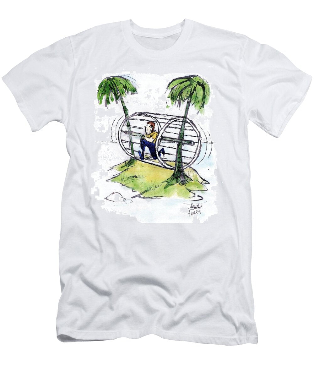 Man Exercising in Wheel on Desert Island Joseph Farris T-Shirt