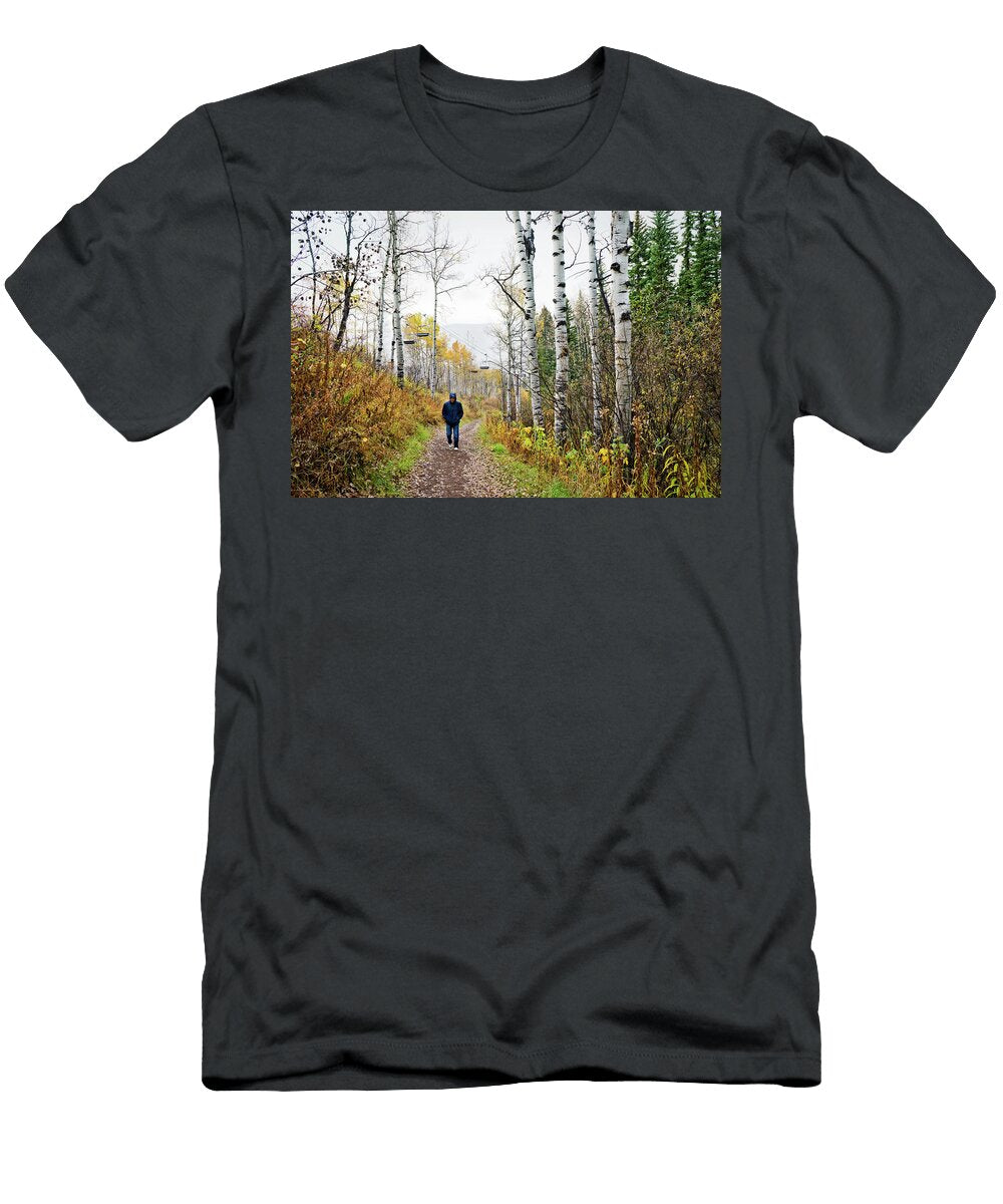 Man Hiking in the Rain on a Trail Leslie Parrott T-Shirt
