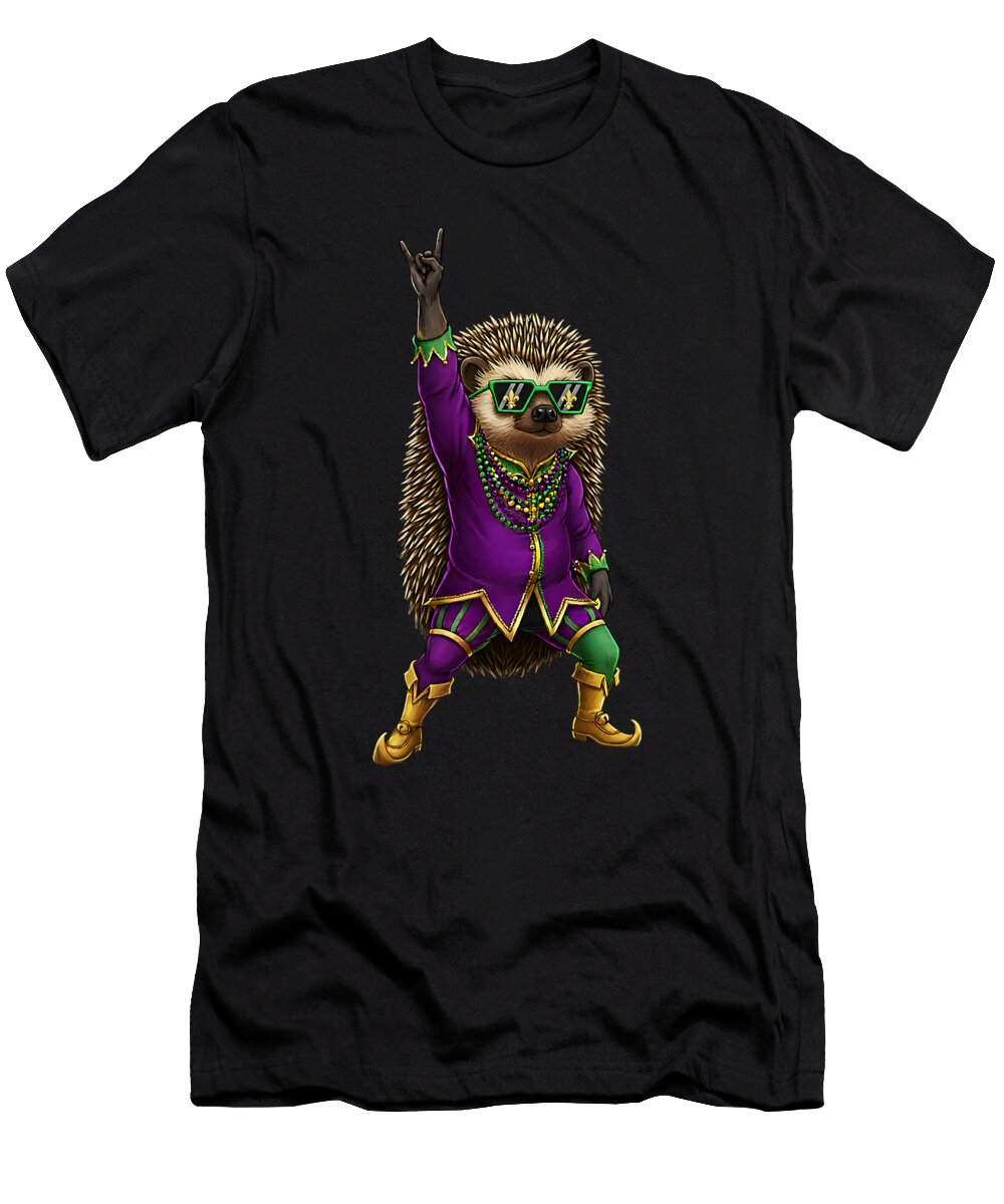 Mardi Gras Hedgehog Rocker Purple Green Gold Maisie Jackson T-Shirt