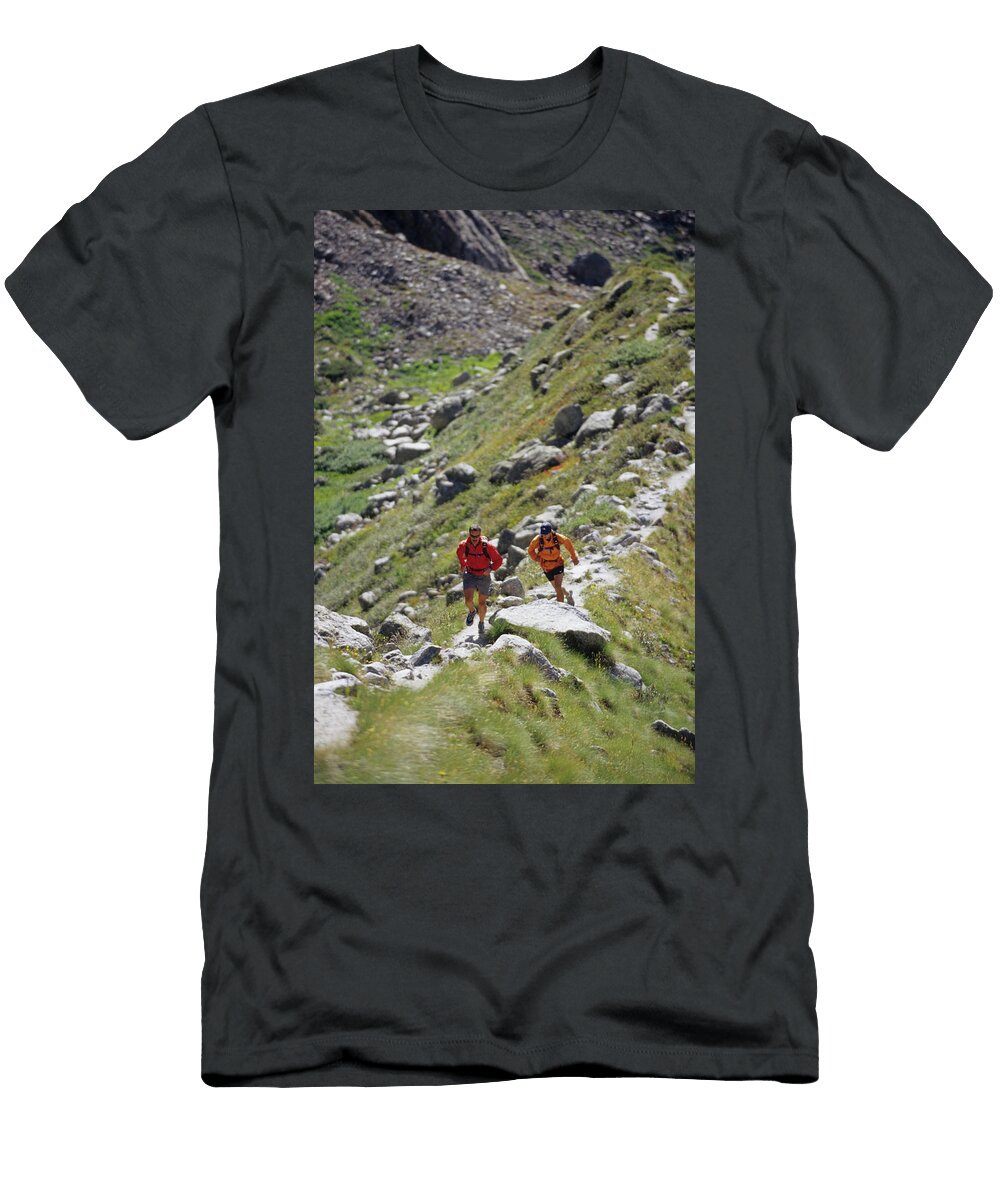 Men Trail Running Up the Hill in Val Scott Markewitz T-Shirt
