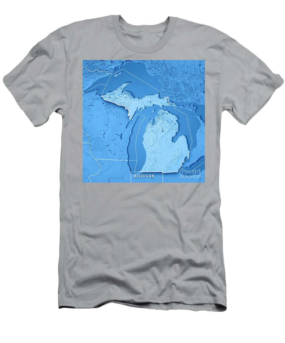 Michigan State USA 3d Render Topographic Map Blue Border Frank Ramspott T-Shirt
