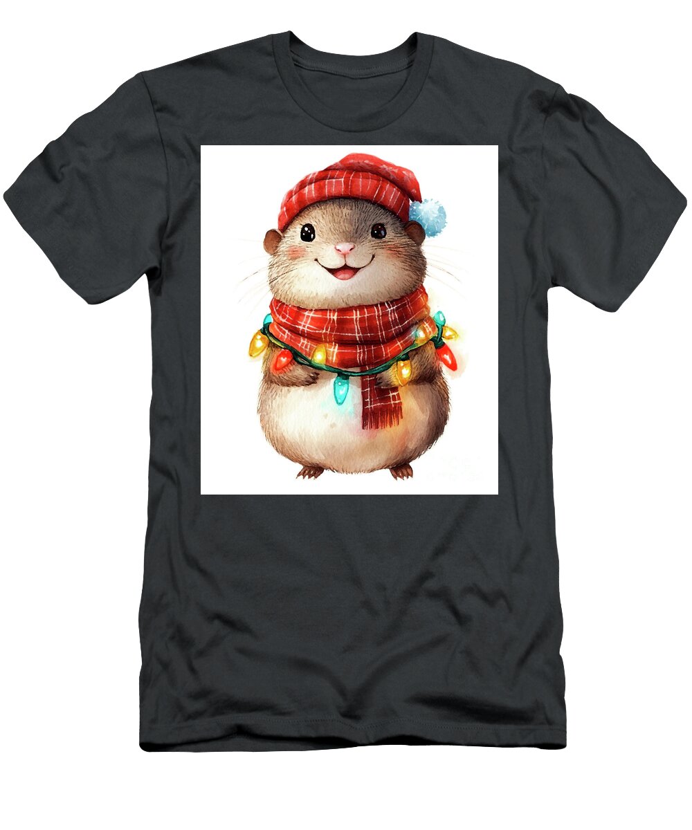 Moles Cute Christmas Hamster with Lights Watercolor Illustration Clint Mclaughlin T-Shirt