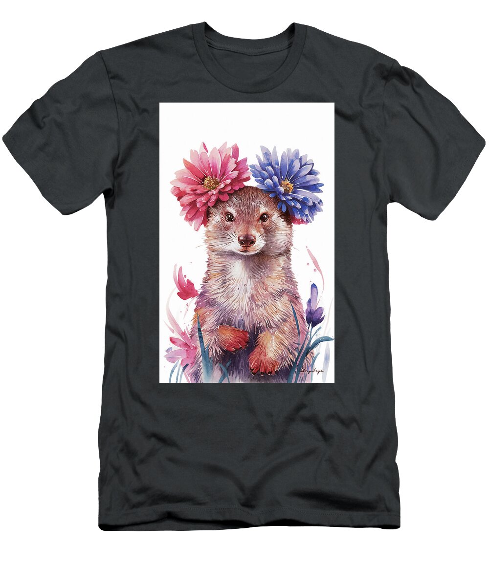 Mongoose Cute Ferret with Floral Crown Watercolor Painting Adrien Efren T-Shirt