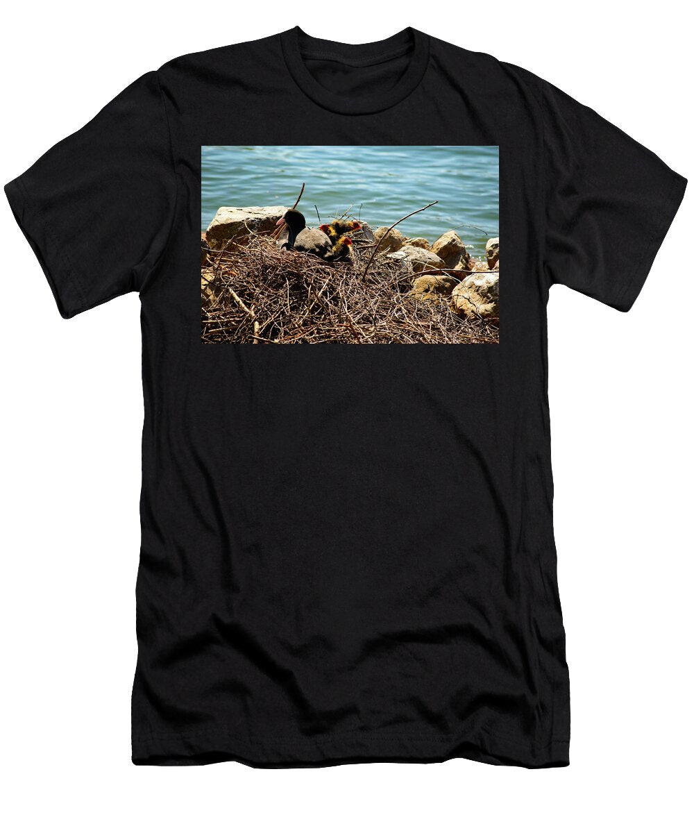 Moorhen with Chicks Nesting on a Nest of Twigs Johan Ferret T-Shirt