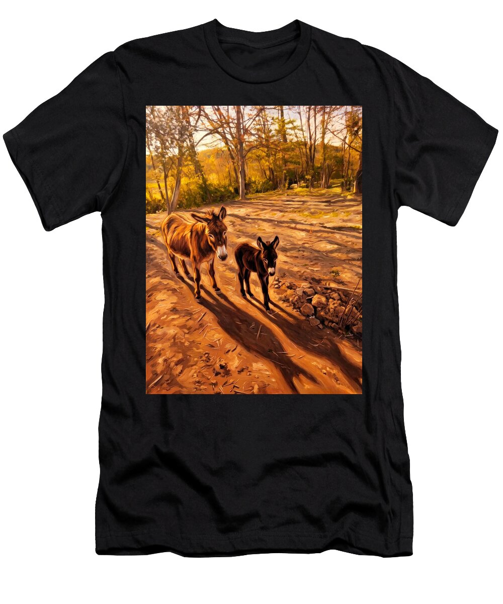 Mother Donkey and Foal in the Sunset Light Oil Painting Nicko Prints T-Shirt