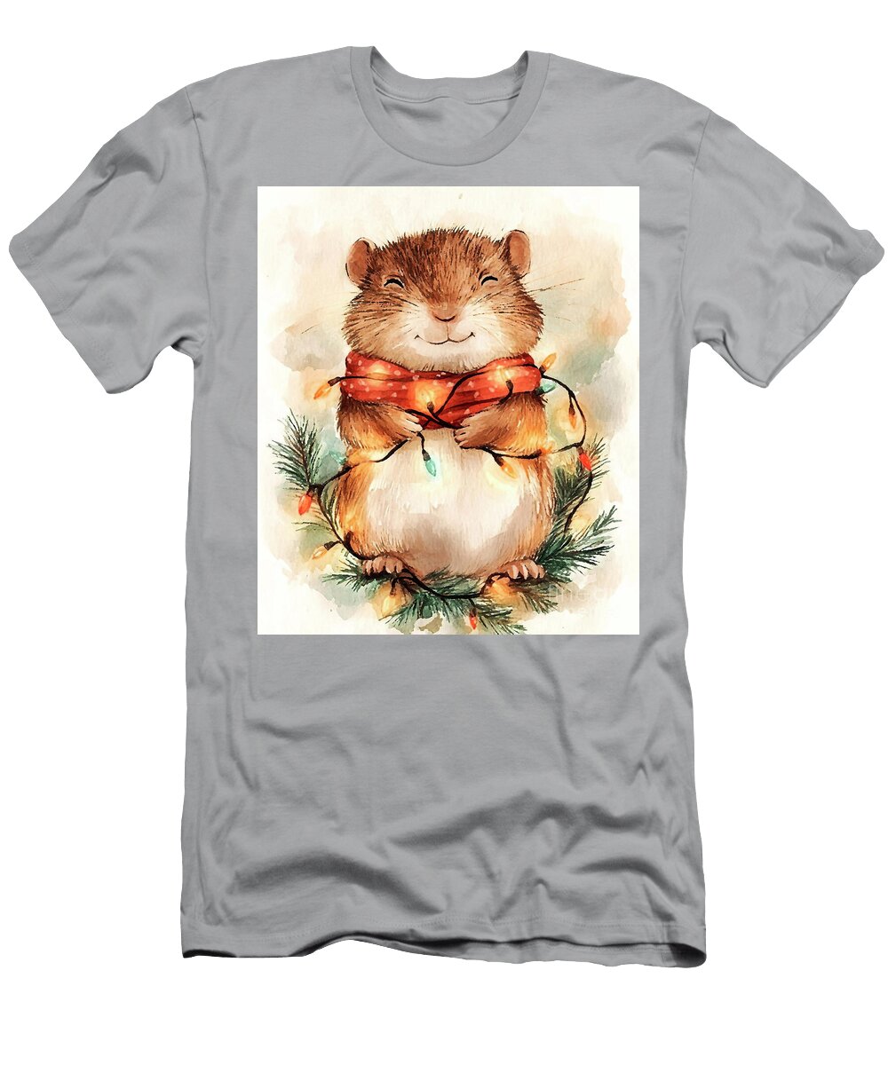 Muskrat Cute Hamster Wrapped in Christmas Lights Watercolor Illustration Clint Mclaughlin T-Shirt