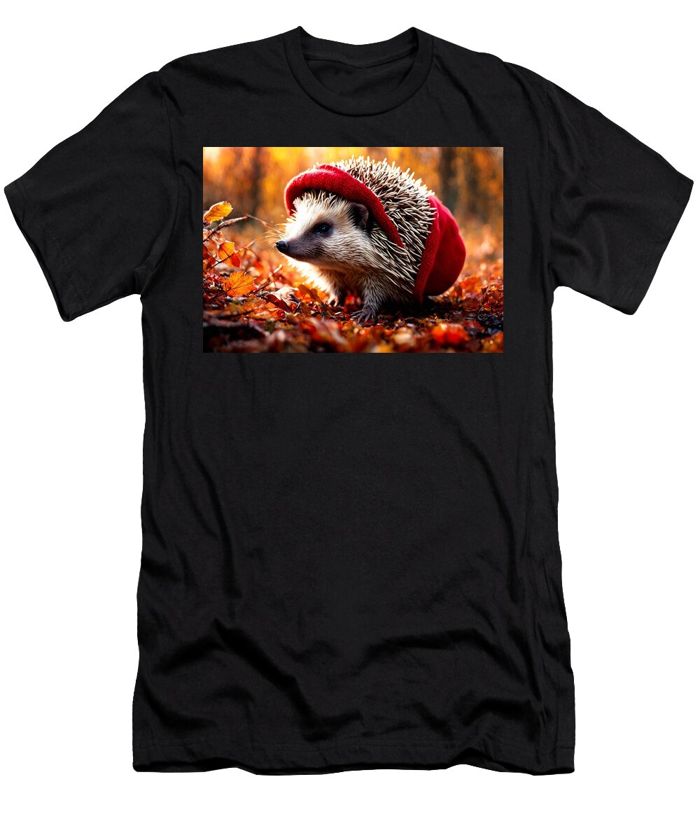 Nature Dge Friendly Animal Cartoon Sweet Animalhair Wildlife Cute Dgehog Hat Forest Illustration Pointing Autumn Baby Wafe Akkash T-Shirt