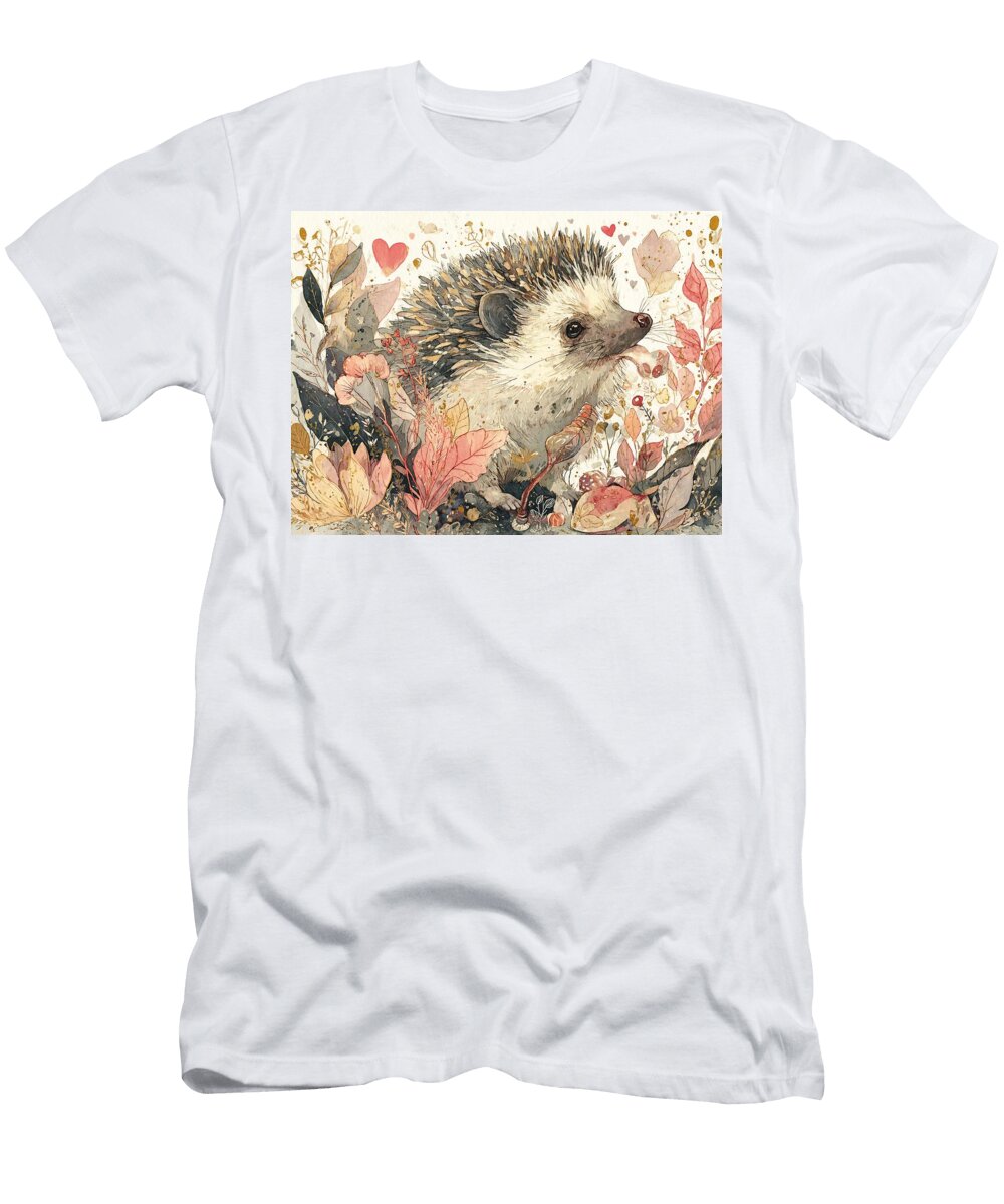 Nature Inspired Floral Illustration a Charming European Hedgehog Snuffling Through Leaves Fi Hedgeho Elmer Powers T-Shirt