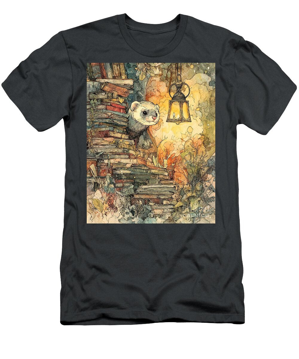 Nocturnal Animal Fantasy World Hidden Ferret in a Magical Bookshelf Hidden Creature Clint Mclaughlin T-Shirt
