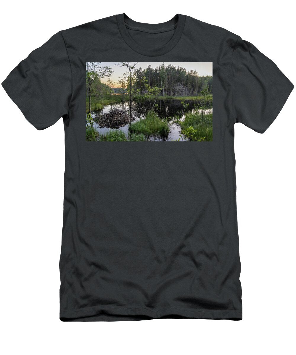 North American Beaver Lodge in Wetland At Sunset Woodland Jussi Murtosaari Natureplcom T-Shirt
