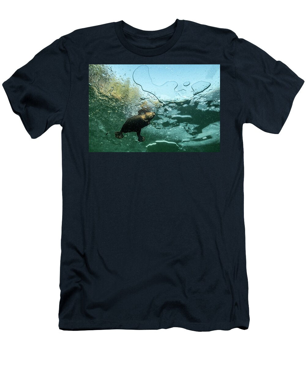 North American Beaver Swimming Under the Ice of a Frozen Nick Hawkins Natureplcom T-Shirt