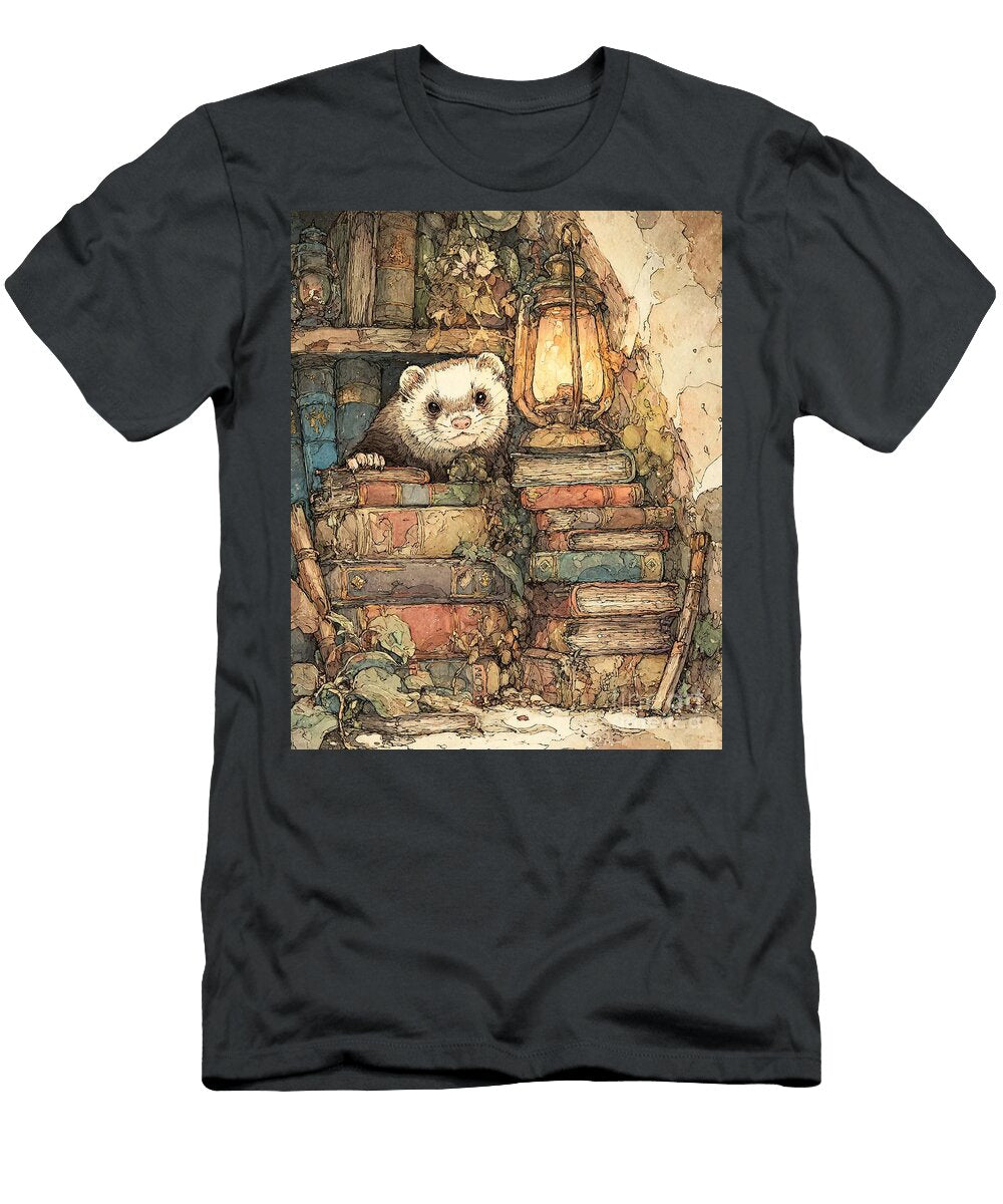 Old Books Charming Ferret Amidst Antique Books Curious Ferret Cozy Atmosphere Clint Mclaughlin T-Shirt