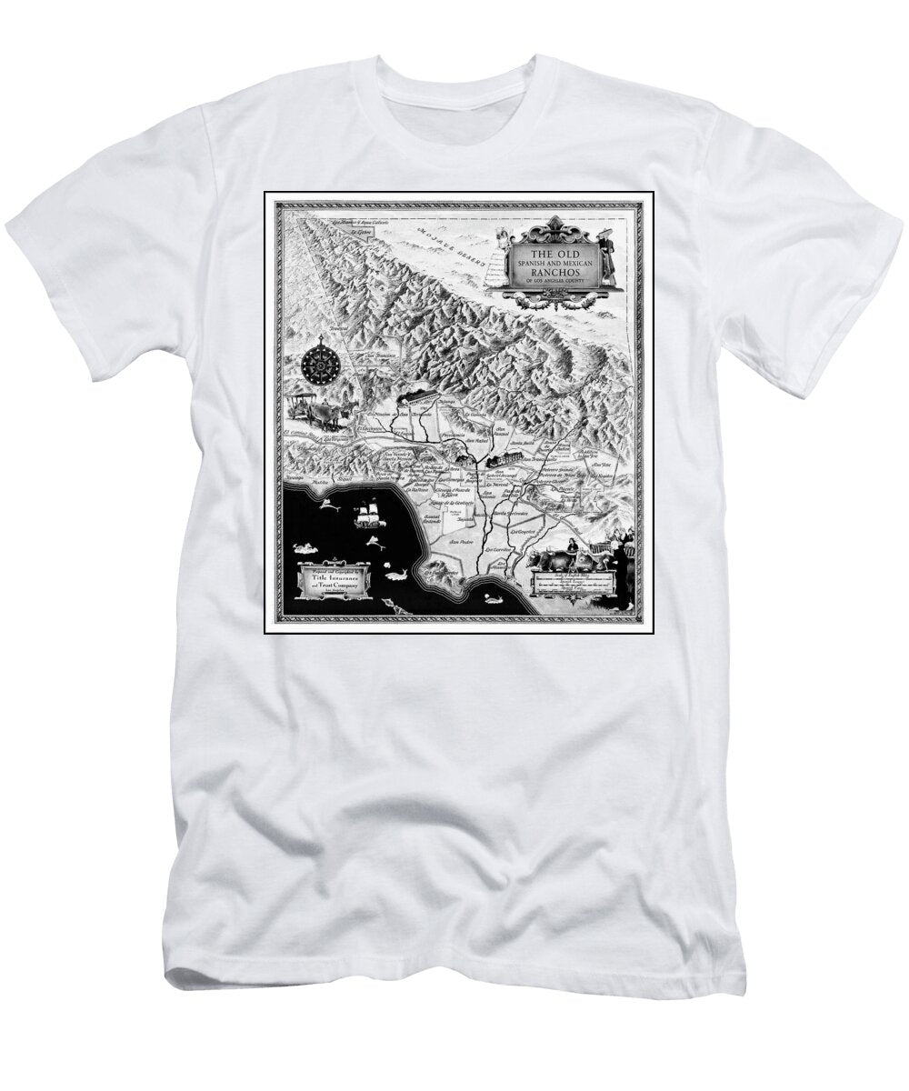 Old Spanish and Mexican Ranchos of Los Angeles County Vintage Map Black and White Carol Japp T-Shirt