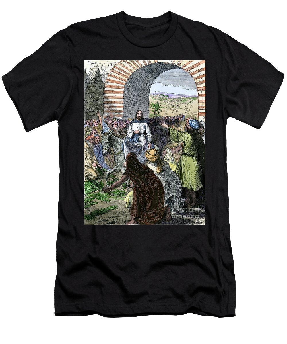 People Strewing Palm Fronds in the Path As Jesus Enters Jerusalem on a Donkey Hand Colored Woodcut American School T-Shirt