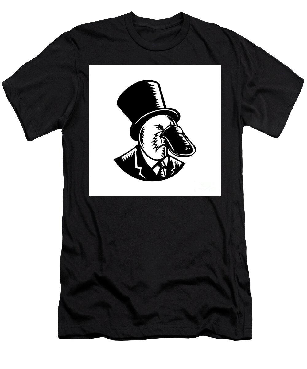 Platypus Wearing Tophat Woodcut Black and White Aloysius Patrimonio T-Shirt