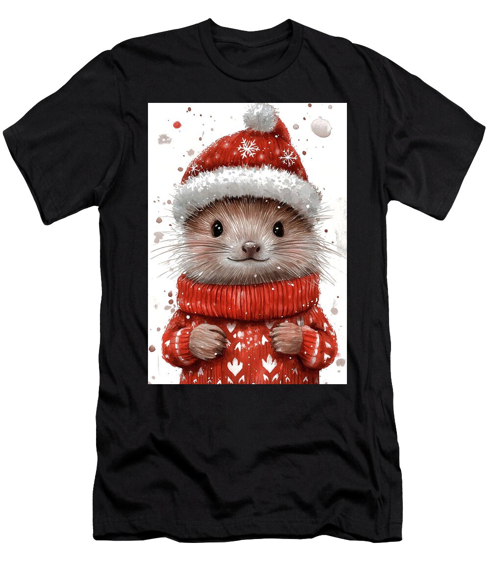 Porcupine Cute Hedgehog in Red Sweater and Christmas Hat Watercolor Painting Rhys Jacobson T-Shirt