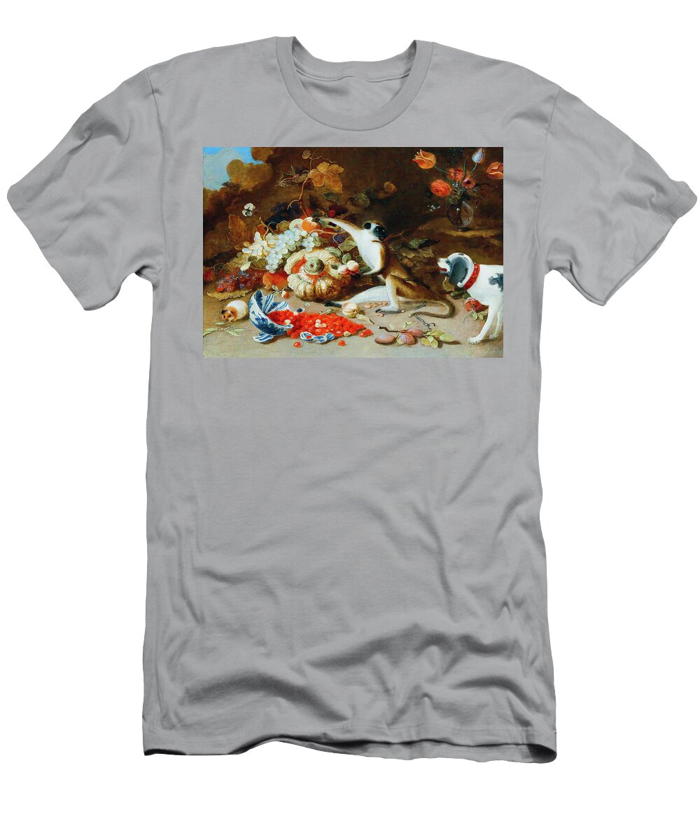Pseudo Jan Van Kessel the Younger a Monkey Caught Stealing Fruit By a Dog Orca Art Gallery T-Shirt