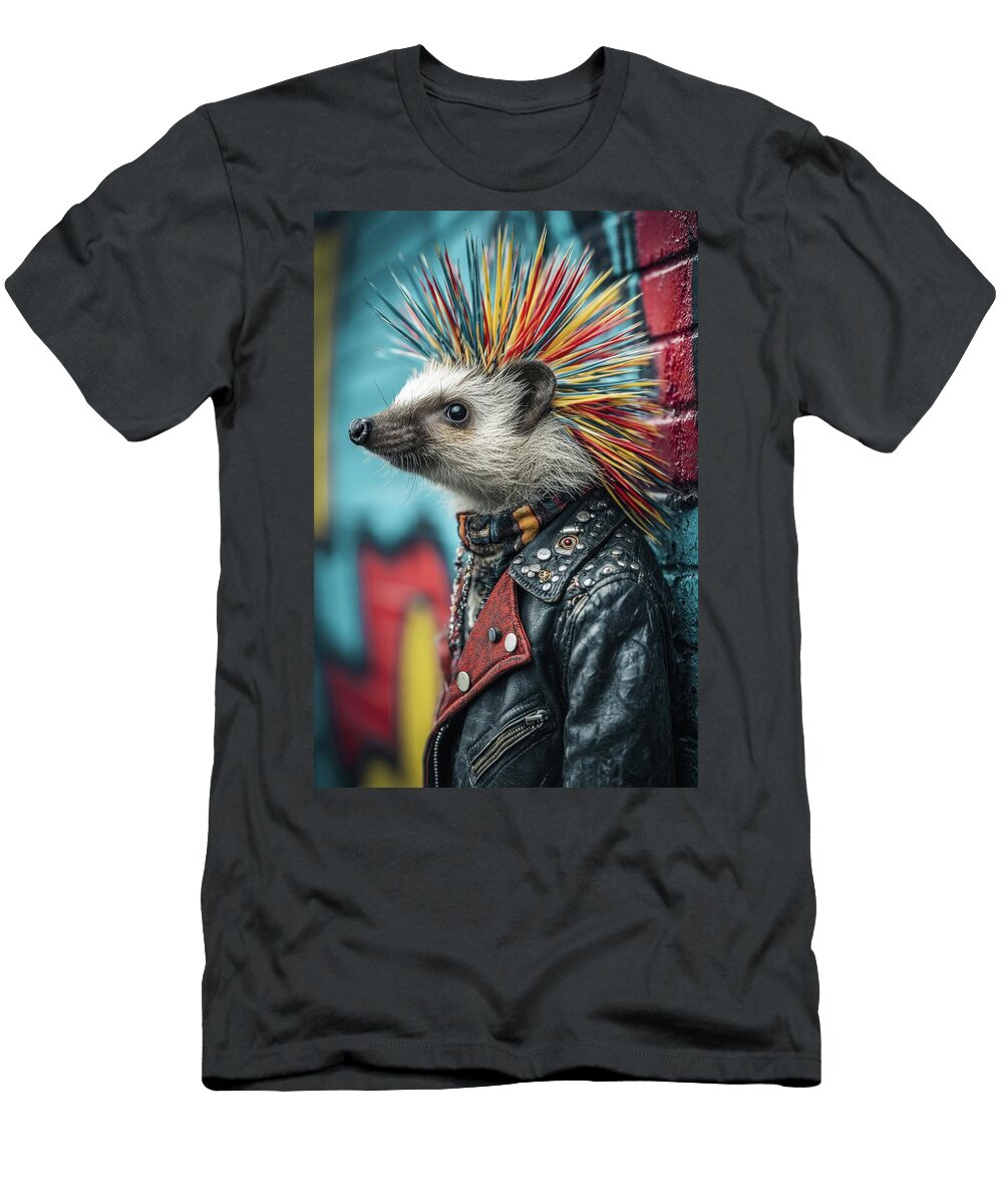Punk Hedgehog with Colorful Mohawk and Leather Jacket Matthias Hauser T-Shirt