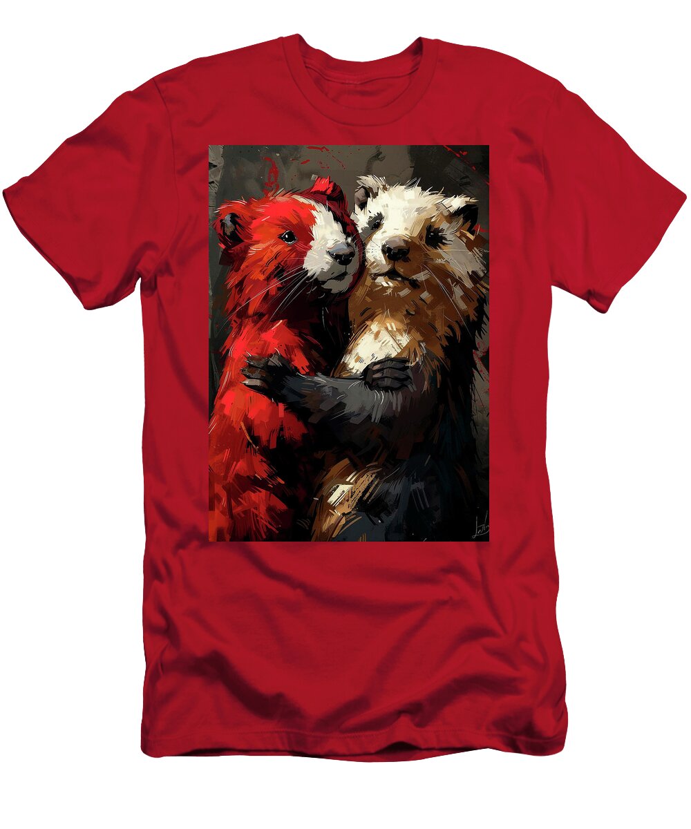 Red Panda and Ferret Hugging Digital Art Illustration Eldre Delvie T-Shirt
