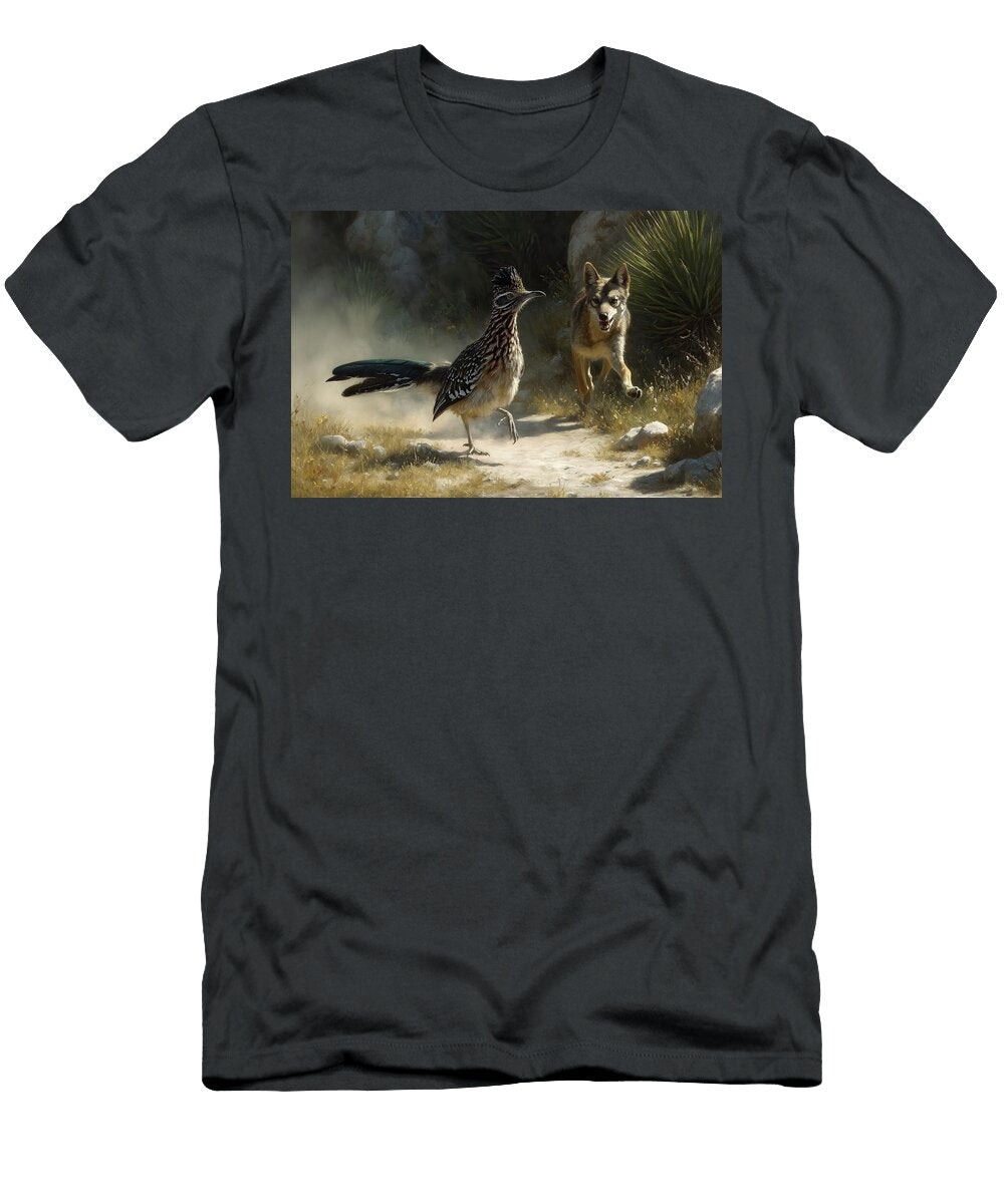 Roadrunner and Coyote Chase in Desert Mindscape Arts T-Shirt