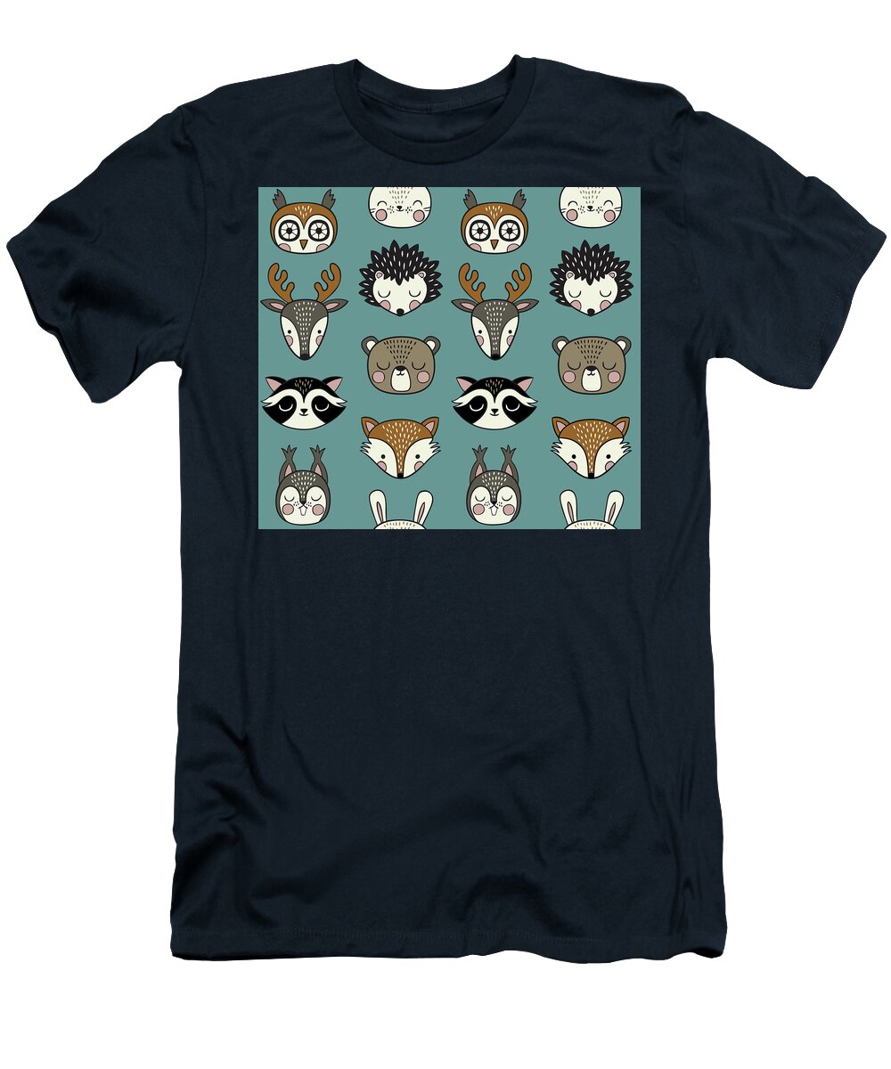 Seamless Pattern with Cute Woodland Animals on Light Blue Background Julien T-Shirt