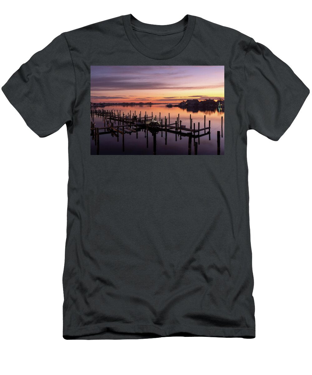 Serene Sunrise Over Waterfront Docks David Monte T-Shirt