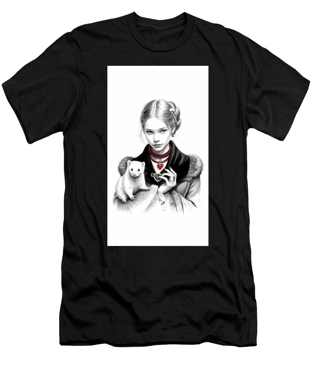 Serious Young Girl in Ornate Coat Holding Pet Ferret Jon Fennel T-Shirt