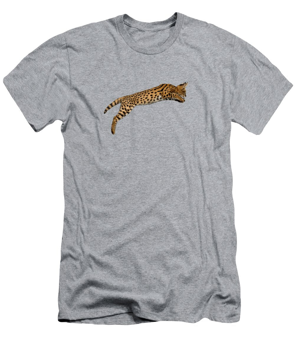 Serval Cat Captured Mid Leap on Black Background in Studio Sergei Taran T-Shirt