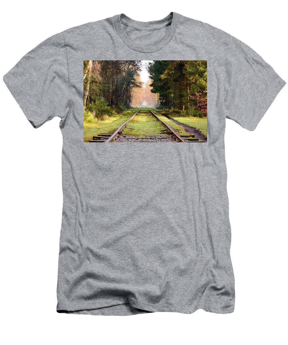 Set of Railroad Tracks in Dense Pine Forest Johan Ferret T-Shirt