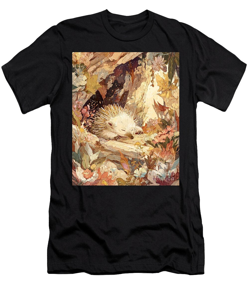 Sleepy Hedgehog Hedgehog Napping in a Floral Forest Floral Forest Nature Scene Clint Mclaughlin T-Shirt