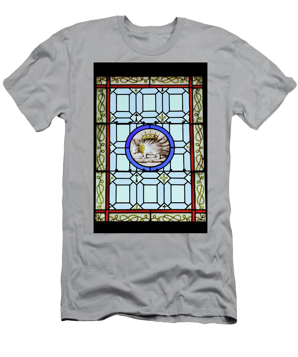 Stained Glass Window with Hedgehog Figure and Coat of Arms in Blois France Stefan Rotter T-Shirt