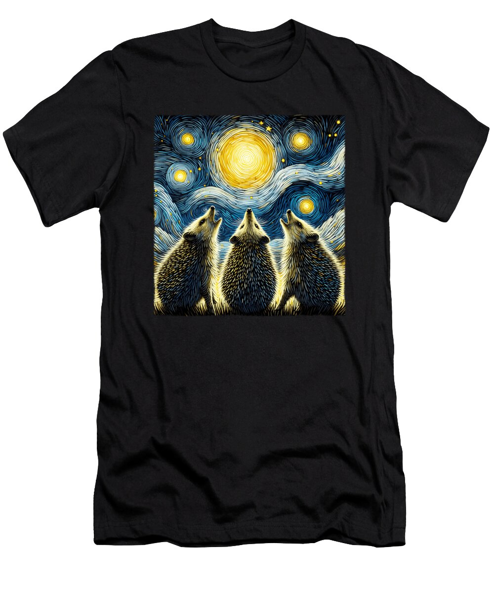 Starry Night Three Hedgehogs Howling At Moon Van Gogh Lover Job T-Shirt