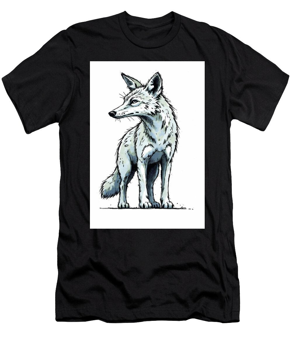Stylized Illustration of a White Coyote Looking Back Wall Art Prints T-Shirt