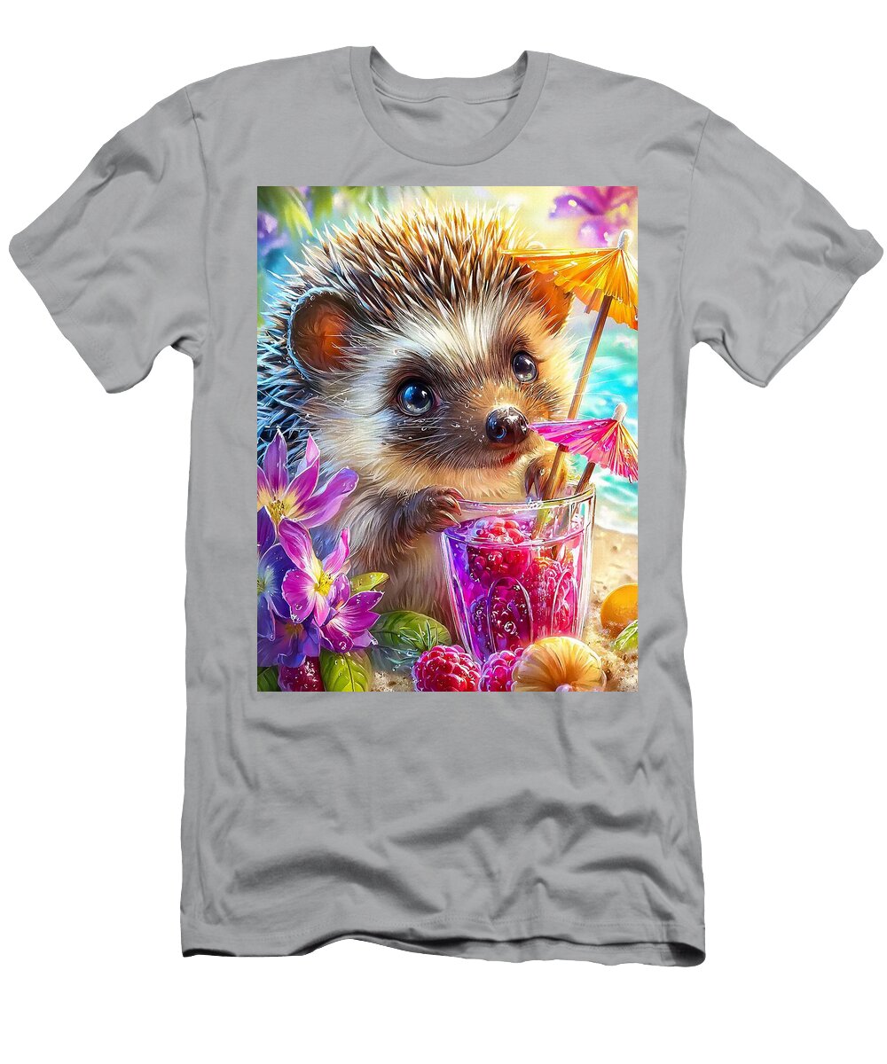 Summer Drink Beach Scene Hedgehog Spiky Hedgehog Carefully Sipping a Berry Brist Cute Hedgehog Elmer Powers T-Shirt
