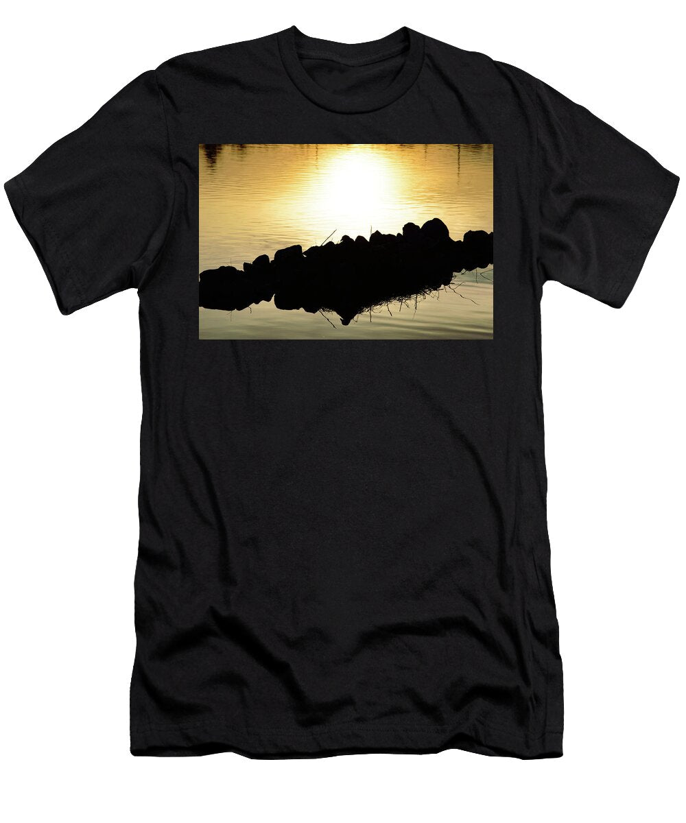 Sunset Reflected in Calm Water and Back Lit Rocks Johan Ferret T-Shirt