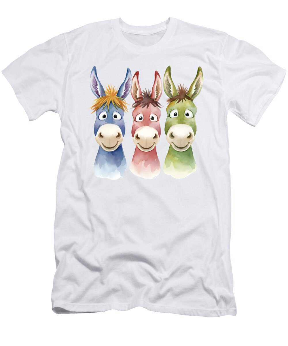 Three Colorful Cartoon Donkeys in Watercolor Style Donkey Mounir Khalfouf T-Shirt