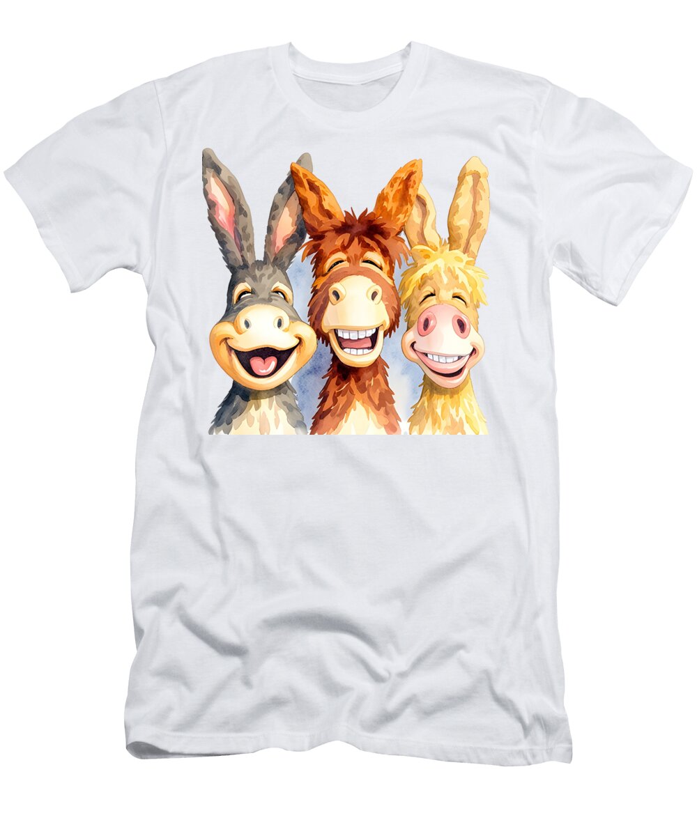 Three Smiling Cartoon Donkeys Watercolor Illustration Mounir Khalfouf T-Shirt