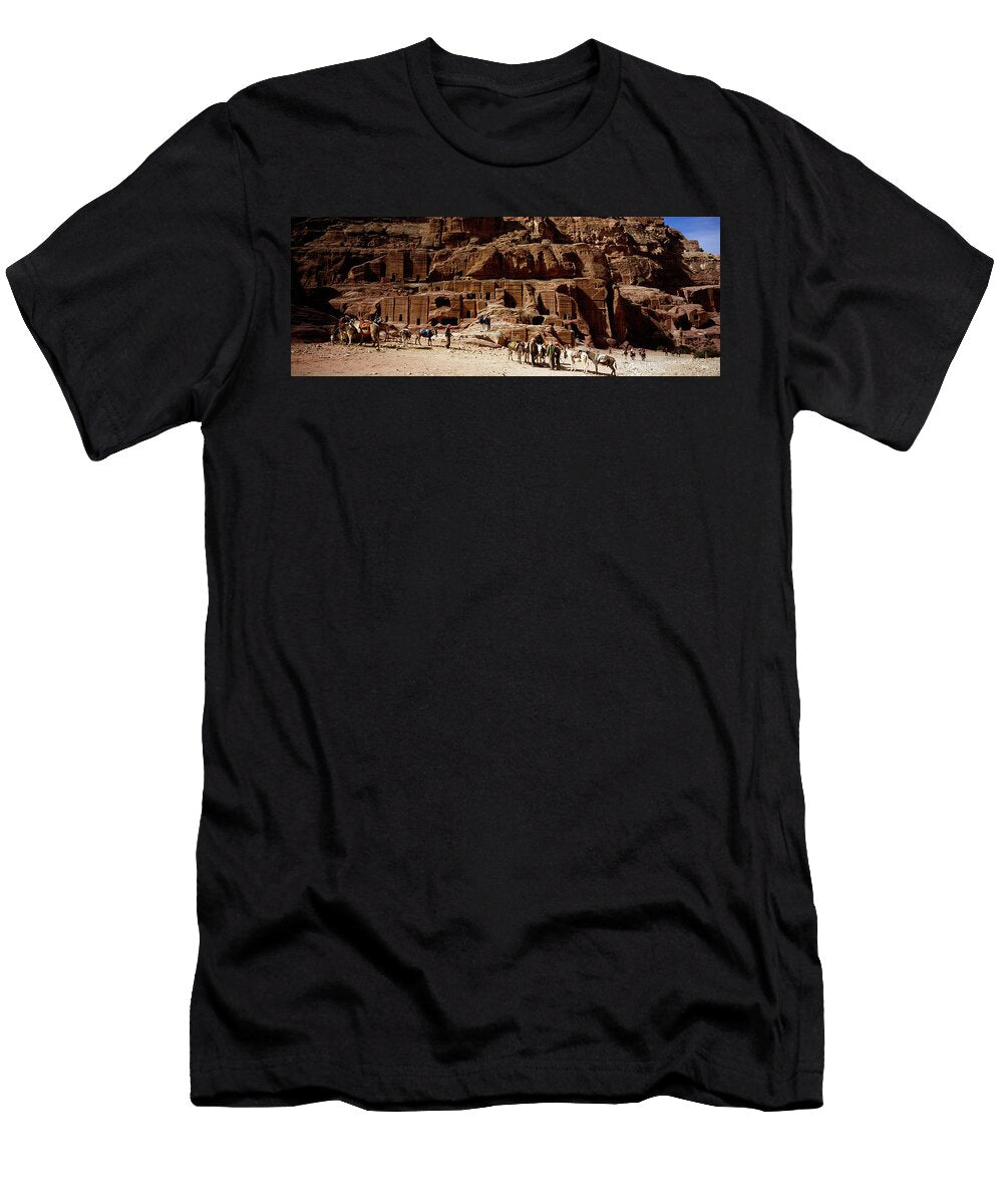 Tourist At Ancient Structures Petra Panoramic Images T-Shirt