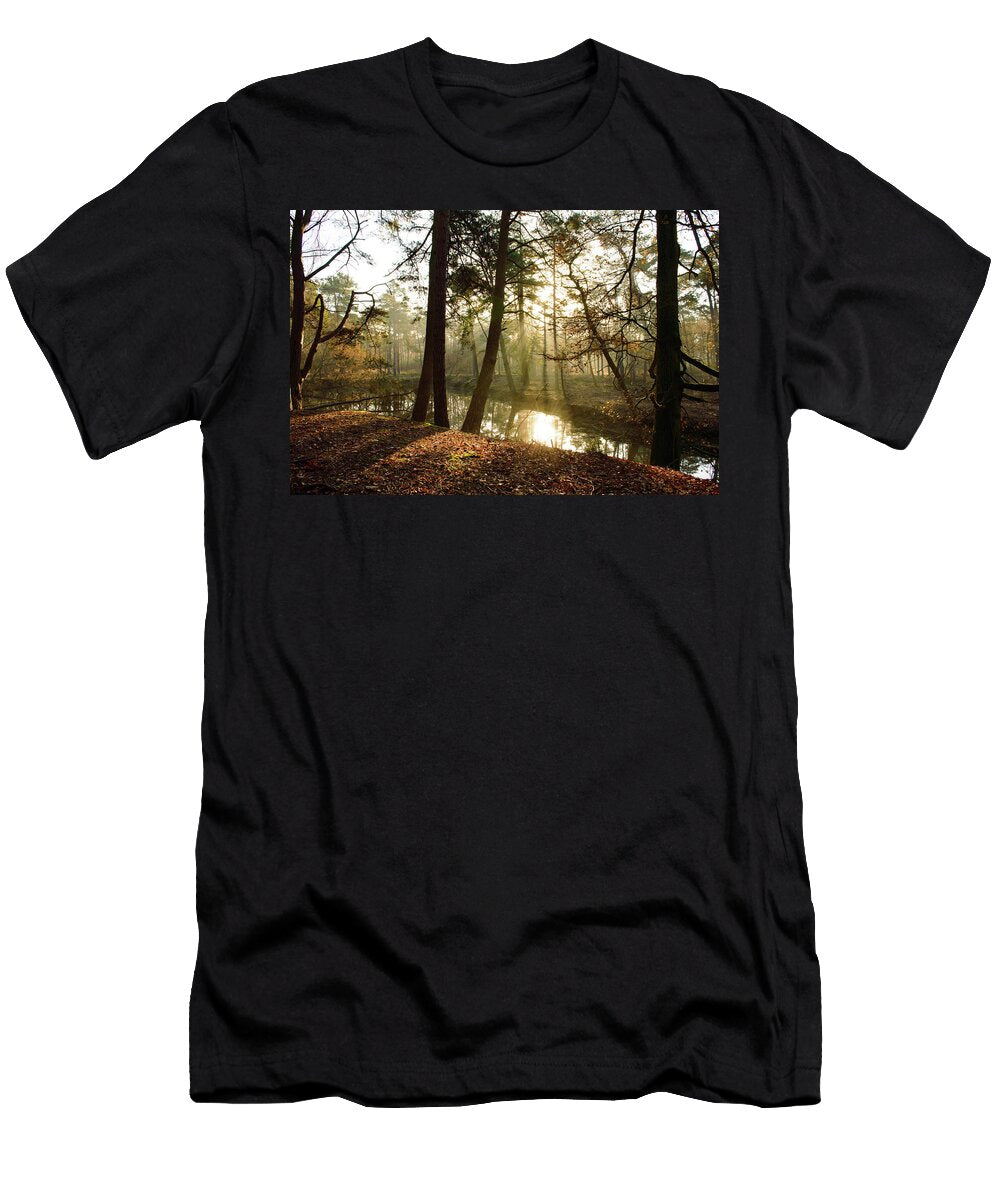 Tranquil Forest with Sunlight Coming Through Trees Johan Ferret T-Shirt