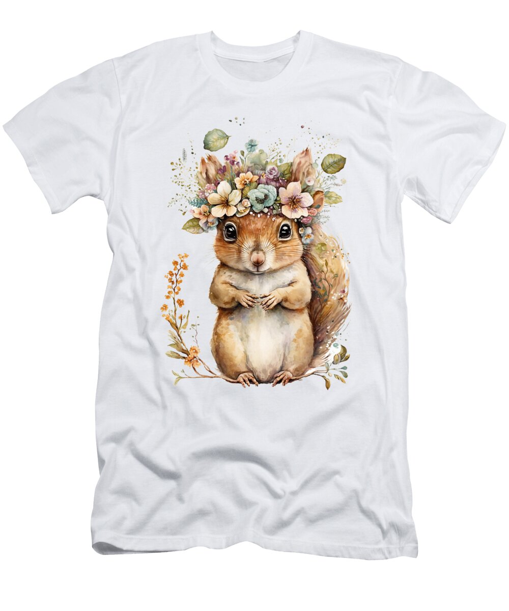 Tree Squirrels Boho Woodland Animal Floral Heidi Joyce T-Shirt