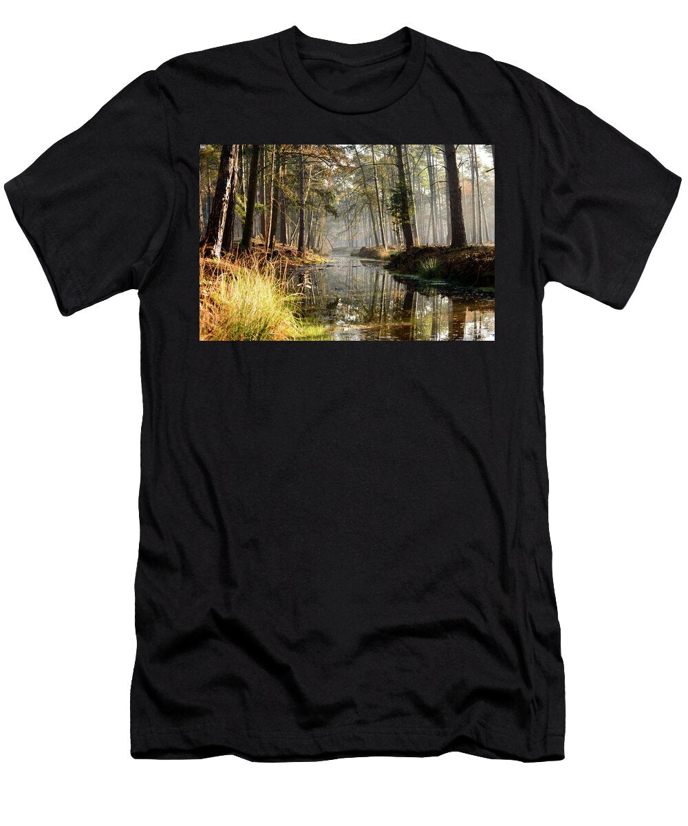 Trees in Forest Reaching Over Calm Stream Johan Ferret T-Shirt